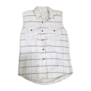 Paris Sport Club Women's Button Down Tank Linen And Cotton Blend Plaid